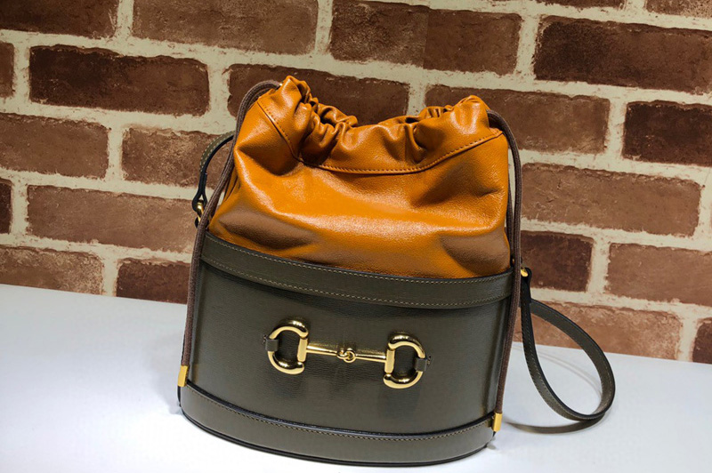 Gucci 602118 GG 1955 Horsebit bucket bag Green/Orange textured leather