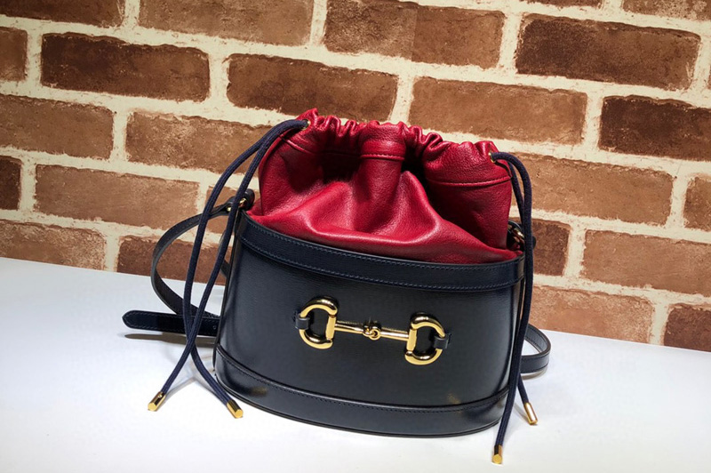 Gucci 602118 GG 1955 Horsebit bucket bag Blue/Red textured leather