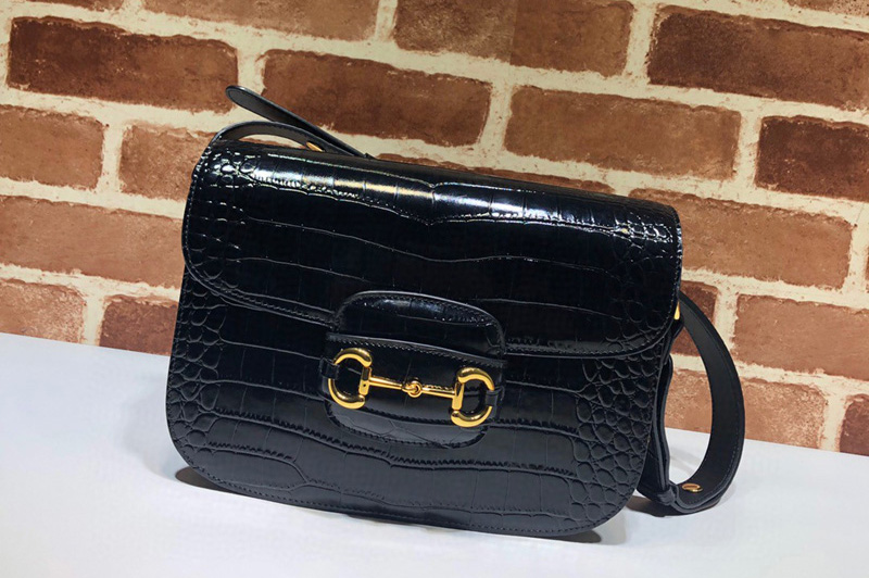 Gucci ‎602204 1955 Horsebit shoulder bag in Black Crocodile Embossed Leather
