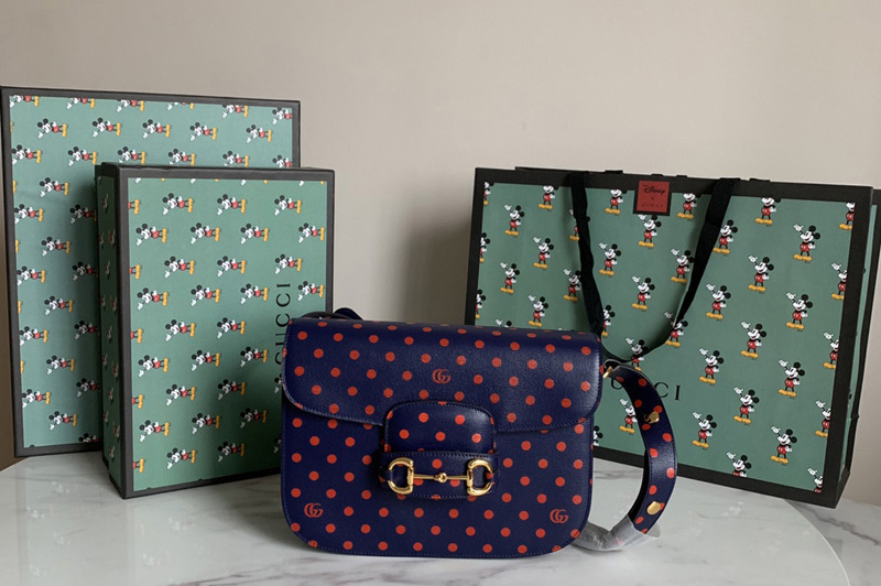 Gucci 602204 Gucci Horsebit 1955 shoulder bag in Blue leather with polka dot and Double G print