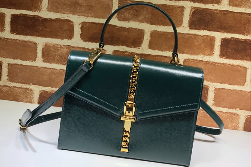 Gucci 602781 Sylvie 1969 small top handle bag in Green textured leather