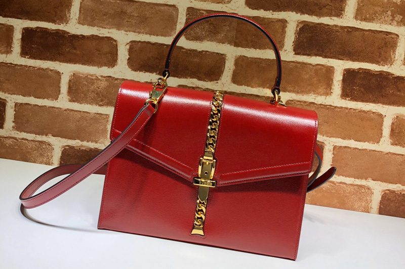 Gucci 602781 Sylvie 1969 small top handle bag in Red textured leather