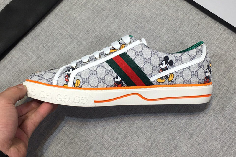 Mens and Womens Gucci 606111 Disney x Gucci Tennis 1977 sneaker with Web in Silver GG Supreme