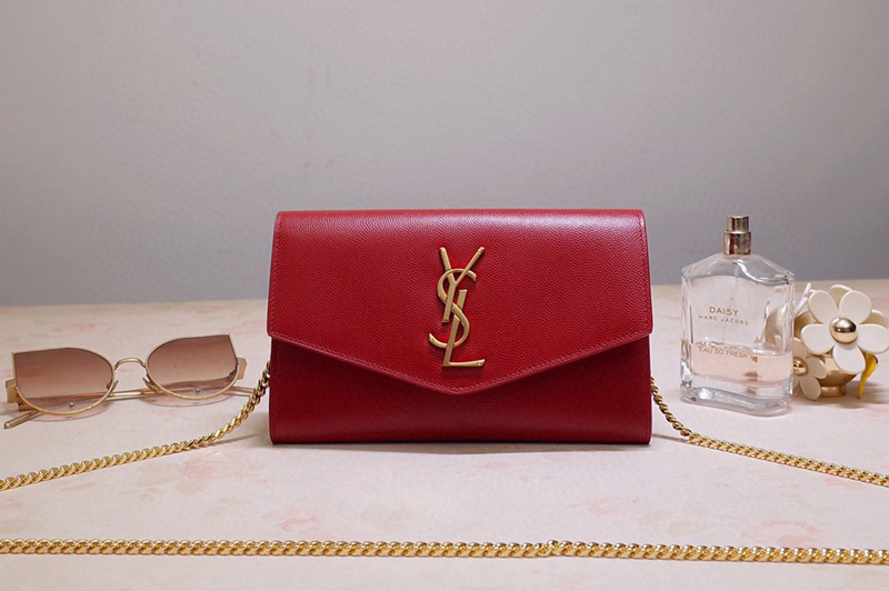 Saint Laurent 607788 YSL Uptown Chain Wallet In Red Grain de Poudre Embossed Leather