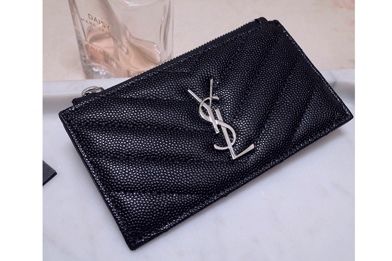 YSL 607915 Saint Laurent Monogram Fragments Zippered Card Case in Black Grain de Poudre Embossed Leather With Silver YSL