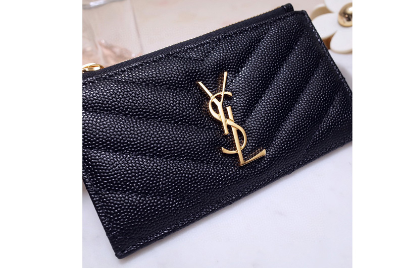 YSL 607915 Saint Laurent Monogram Fragments Zippered Card Case in Black Grain de Poudre Embossed Leather With Gold YSL
