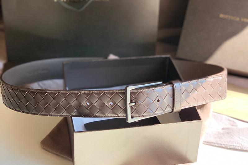 Men Bottega Veneta 609182 Intreccio Weave Belt in Brown Calfskin Leather