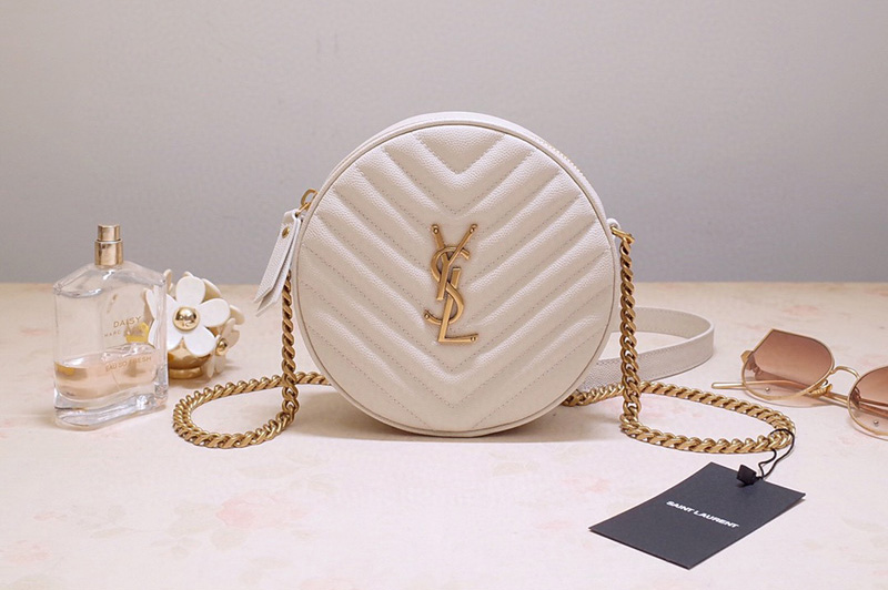 Saint Laurent 6104361 YSL Vinyle Round Camera Bags in White Chevron-Quilted Grain de Poudre Embossed Leather