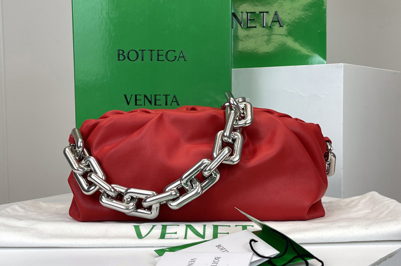 Bottega Veneta 620230 Chain Pouch Shoulder Bag in Red Lambskin Leather With Silver Chain