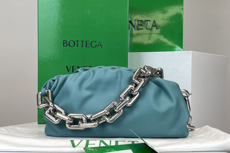Bottega Veneta 620230 Chain Pouch Shoulder Bag in Blue Lambskin Leather With Silver Chain