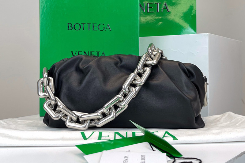 Bottega Veneta 620230 Chain Pouch Shoulder Bag in Black Lambskin Leather With Silver Chain