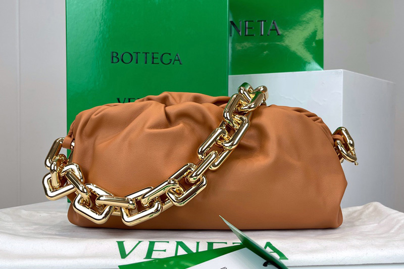 Bottega Veneta 620230 Chain Pouch Shoulder Bag in Tan Lambskin Leather With Gold Chain