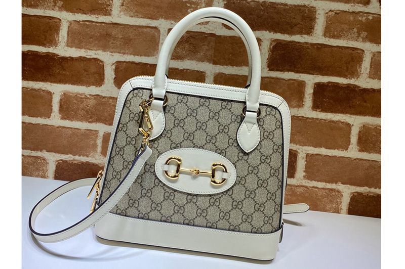 Gucci 621220 Gucci 1955 Horsebit small top handle bag in Beige/ebony GG Supreme canvas With White Leather
