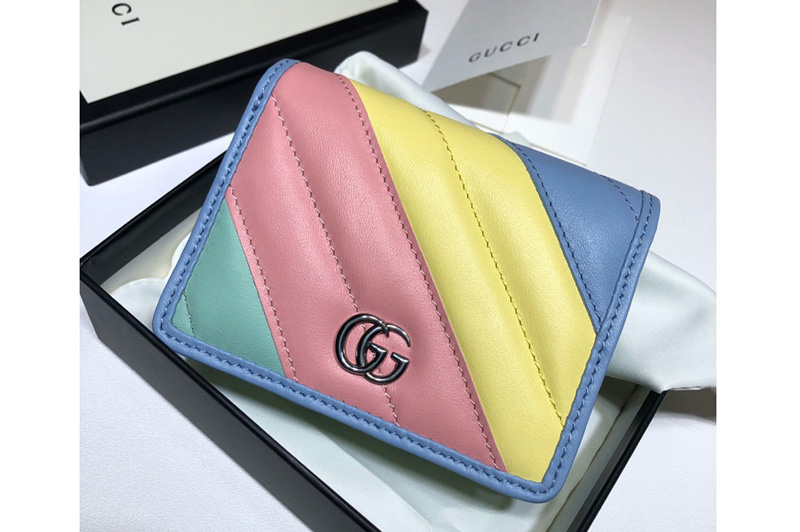 Gucci 625693 GG Marmont card case wallet in Green/Pink/Blue/Yellow matelassé chevron leather with GG