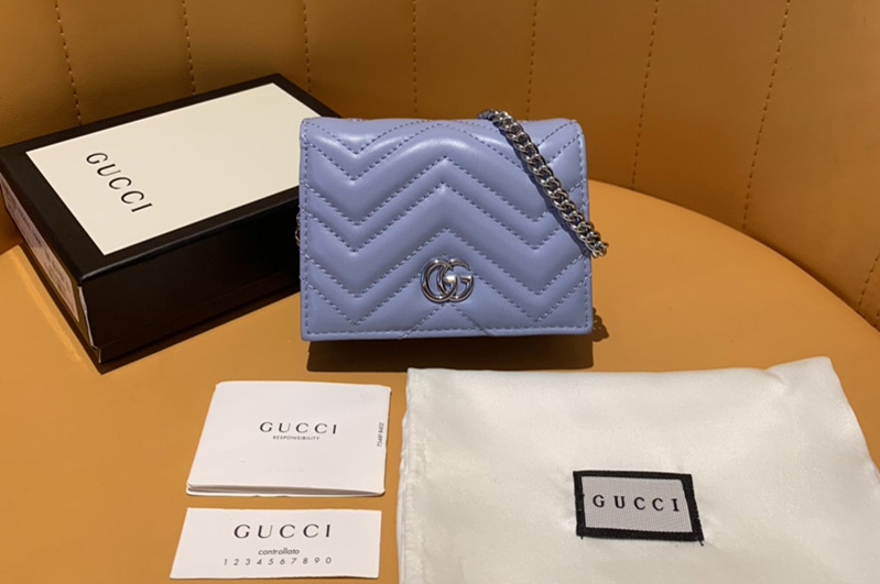 Gucci 625693 GG Marmont card case wallet in Blue matelassé chevron leather with GG