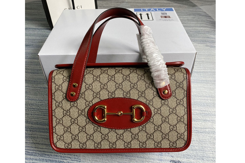 Gucci 627323 Gucci Horsebit 1955 small top handle bag in Beige/ebony GG Supreme canvas with Red