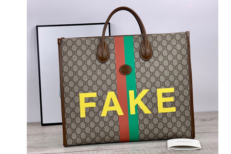 Gucci 630353 'Fake/Not' print large tote bag in Beige and ebony GG