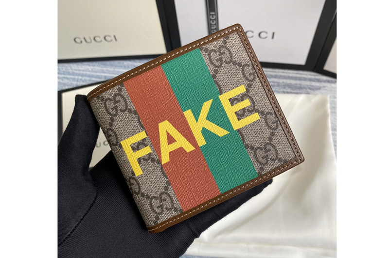 Gucci ‎636166 'Fake/Not' print billfold wallet in Beige and ebony GG Supreme canvas