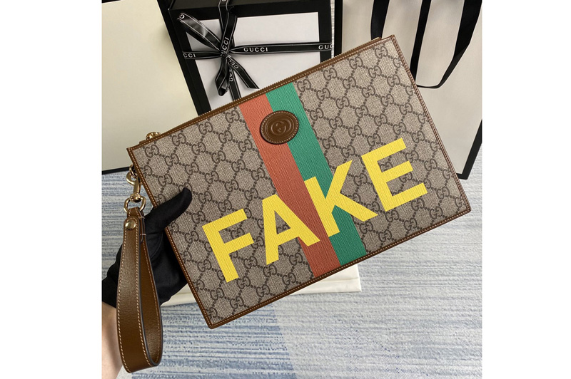 Gucci ‎636171 'Fake/Not' print pouch in Beige and ebony GG Supreme canvas