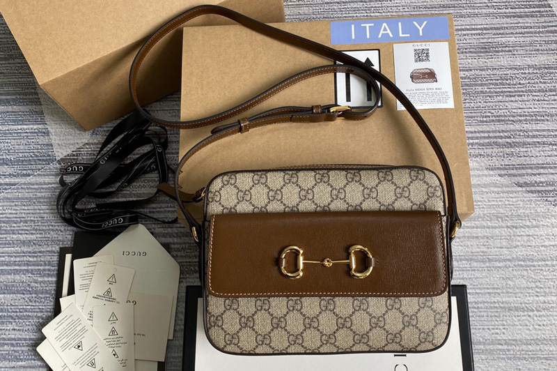 Gucci 645454 Gucci Horsebit 1955 small shoulder bag in Beige/ebony GG Supreme canvas With Brown Leather