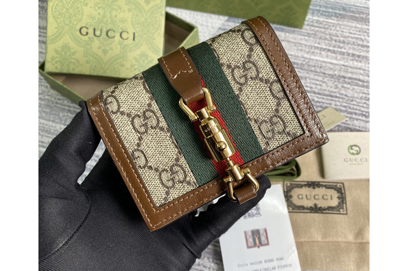 Gucci 645536 Jackie 1961 card case wallet in Beige and ebony GG Supreme canvas
