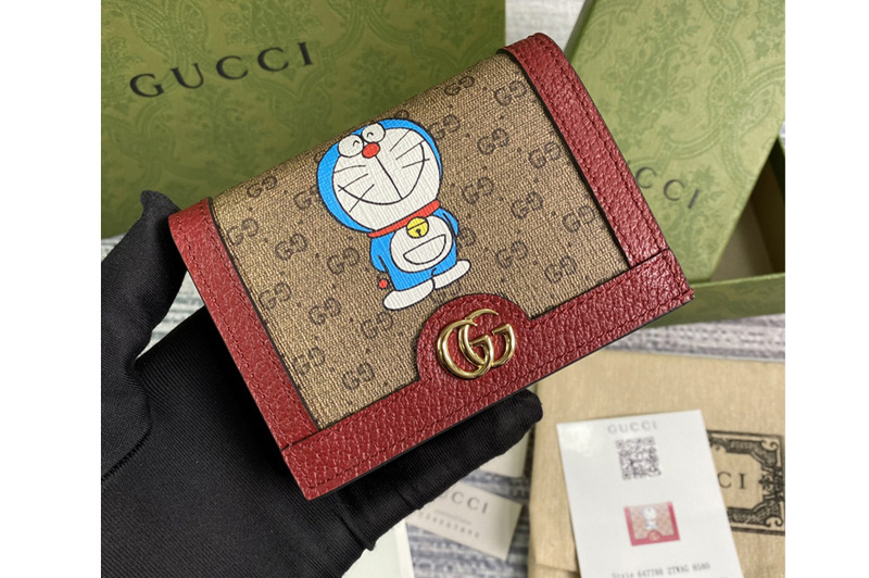 Gucci 647788 Doraemon x Gucci card case in Beige/ebony mini GG Supreme canvas