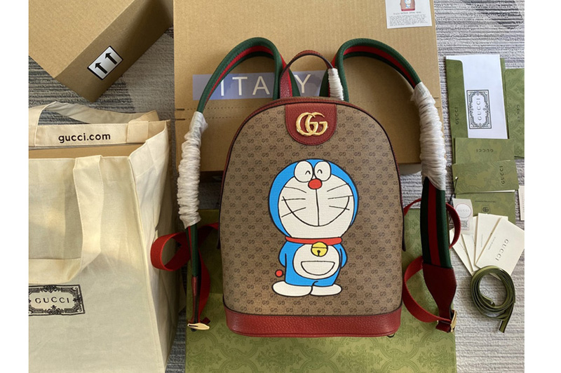 Gucci 647816 Doraemon x Gucci small backpack in Beige/ebony mini GG Supreme and Doraemon Print