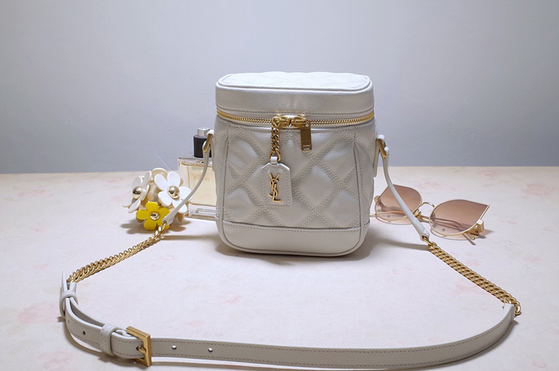 Saint Laurent 649779 YSL 80's vanity bag in White carre quilted grain de poudre embossed leather