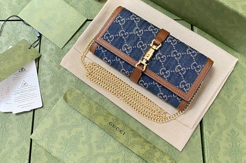 Gucci ‎652681 Jackie 1961 chain wallet in Dark blue and ivory eco washed organic GG jacquard denim