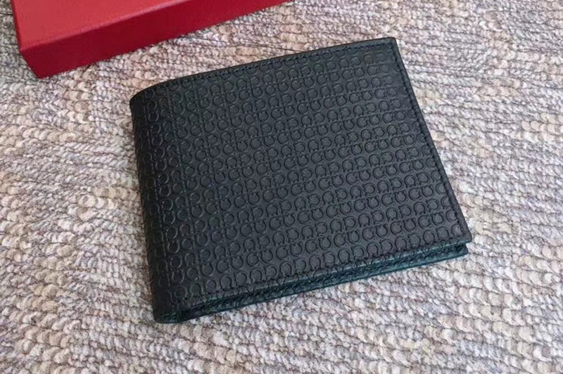 Ferragamo 669479 Bi-fold Wallets Mini Gancini pattern in Black Calfskin Leather