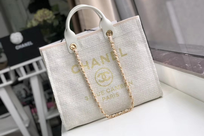 CC A66941 Shopping Bag Beige Mixed Fibers With Gold Print and Calfskin
