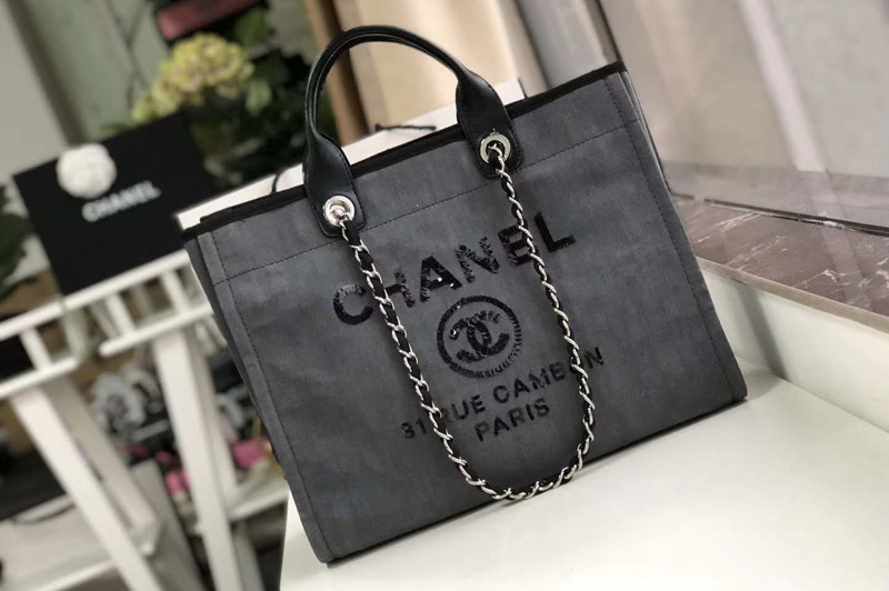 CC A66941 Shopping Bag Gray Mixed Fibers With Black Print and Calfskin