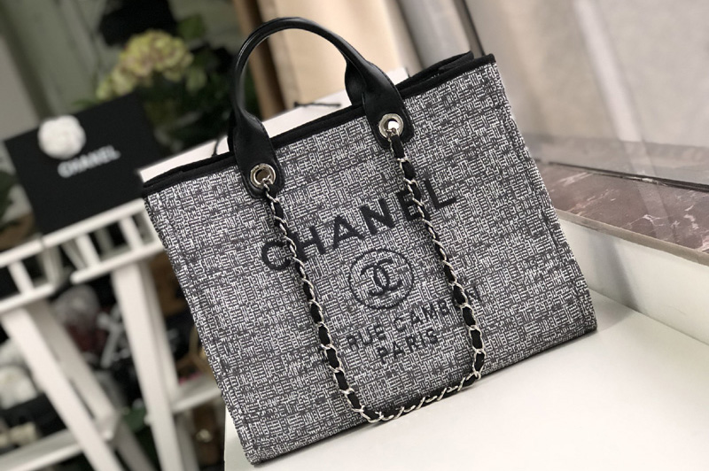 CC A66941 Shopping Bag Gray Mixed Fibers With Black Print and Calfskin