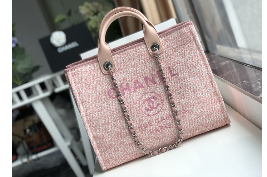 CC A66941 Shopping Bag Pink Mixed Fibers With Pink Print and Calfskin