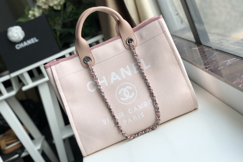 CC A66941 Shopping Bag Pink Mixed Fibers With White Print and Calfskin