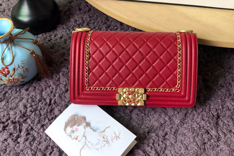 CC A67086 Boy Handbags in Red Calfskin and Gold-Tone Metal