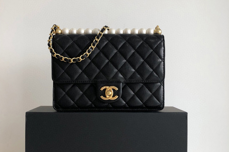 CC AS0585 Flap Bag in Black Goatskin and Imitation Pearls and Gold-Tone Metal