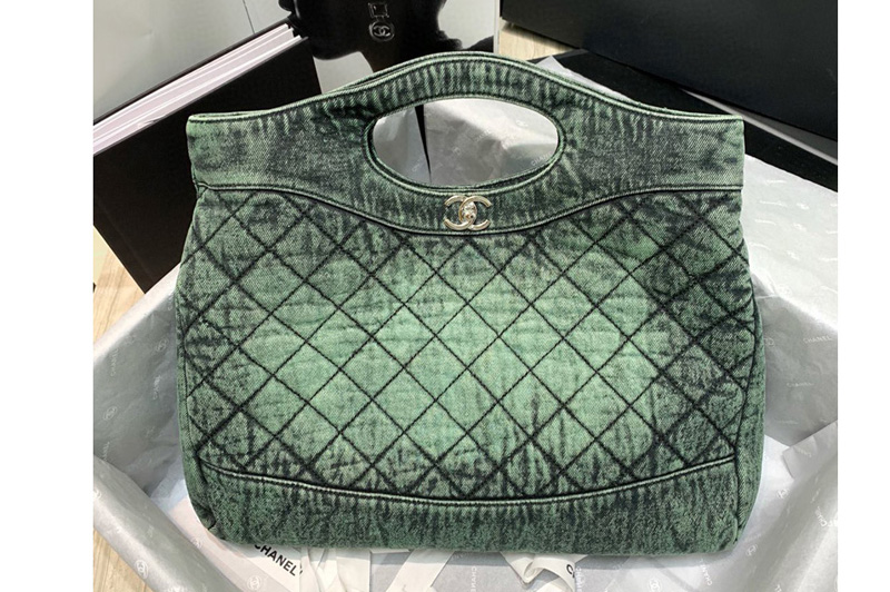 CC AS1408 31 large shopping bag in Green Denim and Silver-Tone Metal