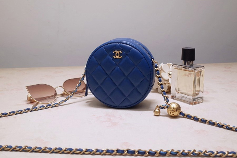 CC AS1898 Small Round Bag in Blue Shiny Lambskin