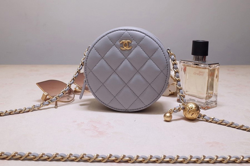 CC AS1898 Small Round Bag in Gray Shiny Lambskin