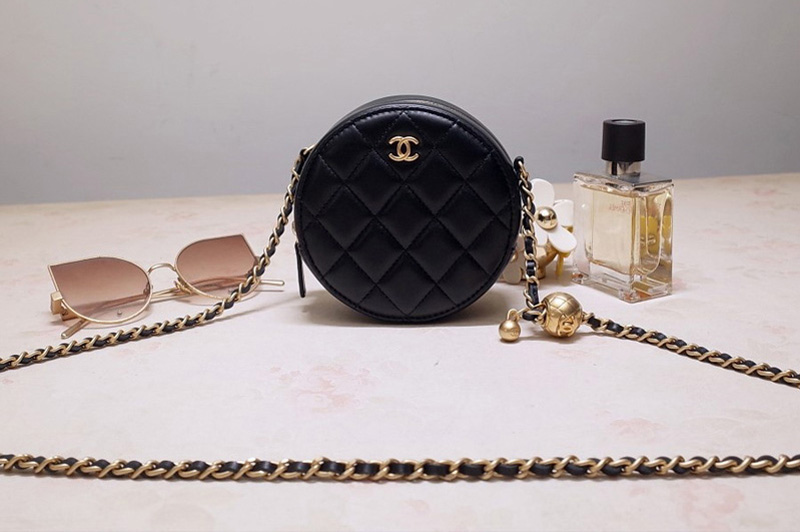 CC AS1898 Small Round Bag in Black Shiny Lambskin
