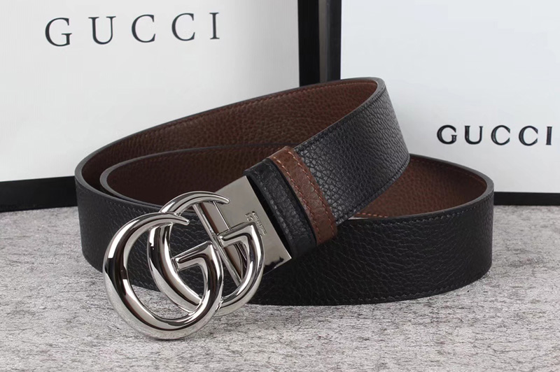Men's Gucci 40mm Reversible leather belt with Shiny Silver Double G buckle in Black Leather