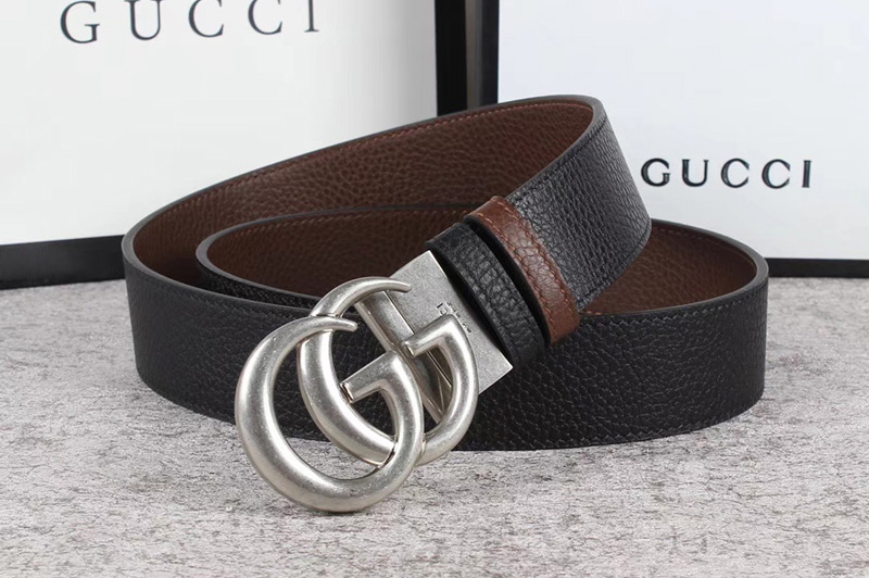 Men's Gucci 40mm Reversible leather belt with Silver Double G buckle in Black Leather