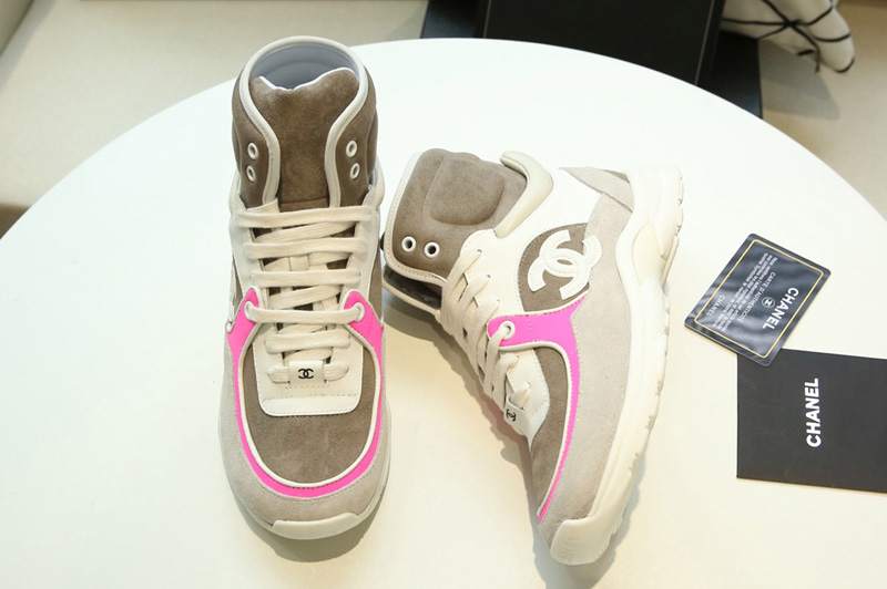 Womens and Mens CC High Sneakers Gray Suede Calfskin and Rose Leather
