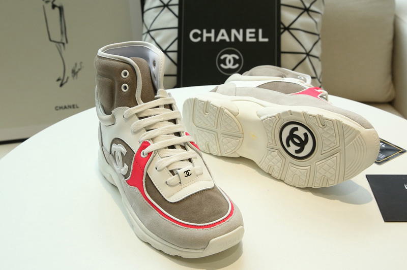 Womens and Mens CC High Sneakers Gray Suede Calfskin and Red Leather