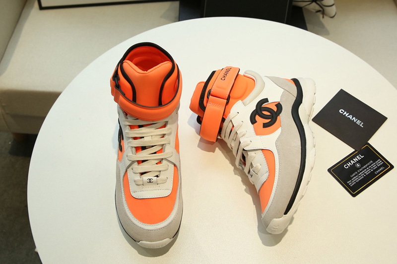 Womens and Mens CC High Sneakers Orange Lambskin and Gray Suede Calfskin