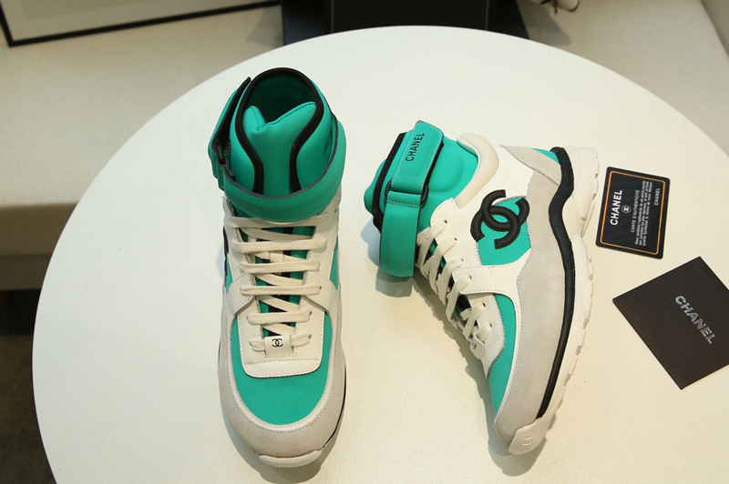Womens and Mens CC High Sneakers Green Lambskin and Gray Suede Calfskin