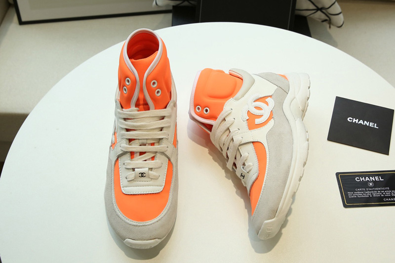 Womens and Mens CC High Sneakers Orange Lambskin and Gray Suede Calfskin