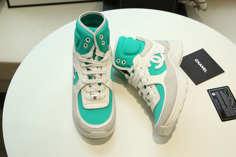 Womens and Mens CC High Sneakers Green Lambskin and Gray Suede Calfskin