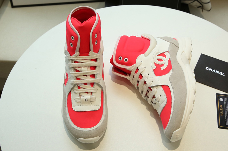 Womens and Mens CC High Sneakers Red Lambskin and Gray Suede Calfskin
